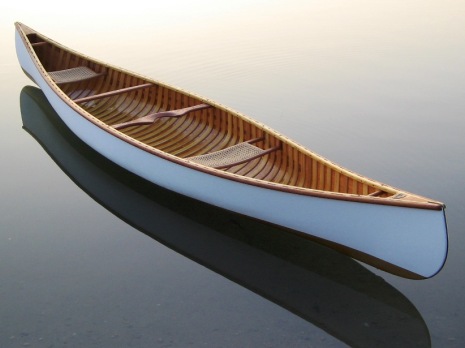Algonquin Canoe, White Canvas with Schellac Bottom, contoured cherry seats.